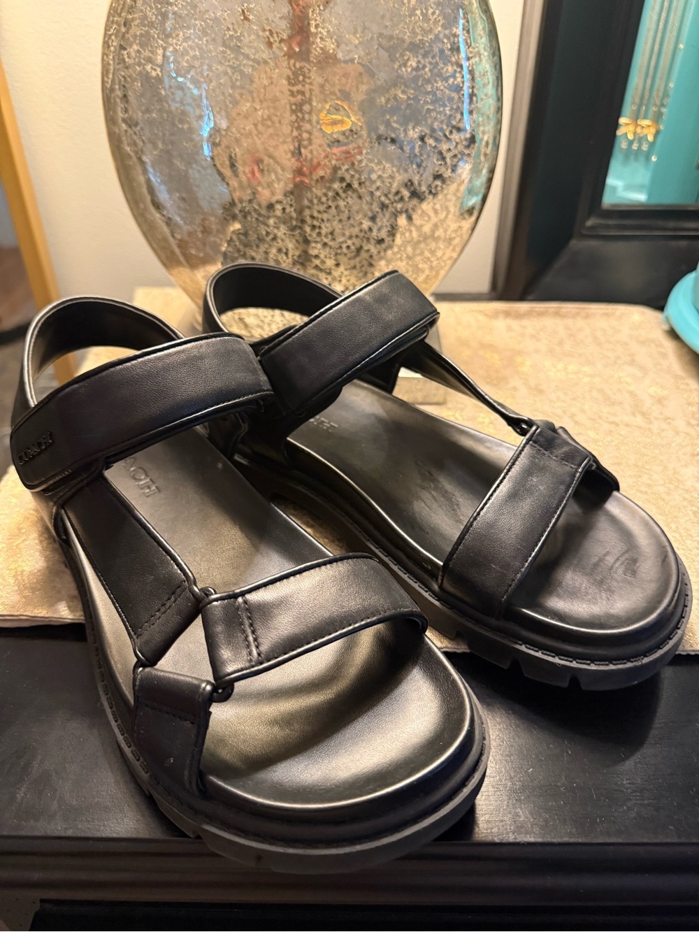 Coach Black Leather Strap Sandals